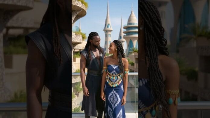 A man and woman in stylish, patterned outfits stand together on a balcony, smiling at each other as AFROBEAT music plays softly, with unique, turreted buildings in the background.