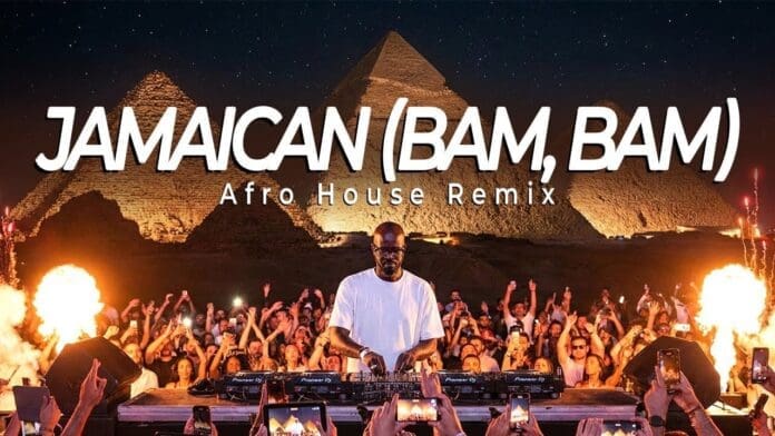 A DJ energizes the night crowd with fire torches blazing, set against the Pyramids of Giza. The text reads "Jamaican (Bam, Bam) Coffee Afro House Remix by HUGEL x SOLTO.