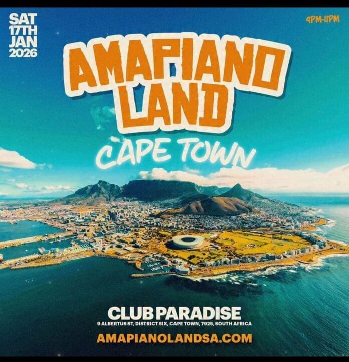 Aerial view of Cape Town promoting "Amapiano Land" event at Club Paradise on January 17, 2026, from 4 PM to 11 PM; event and website details are highlighted in the Daily Voice.