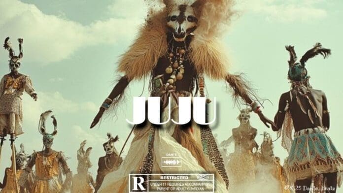 A group of people in elaborate, tribal-inspired costumes and masks stand outdoors under a blue sky, with the word "JUJU" in bold white text—capturing the vibrant spirit of AFROSOWETO and the energy of an Afrobeat type beat.