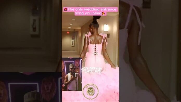 A woman in a pink gown walks down a hallway; inset shows a man singing "My Baby Walakolombo" by Fyzo with text overlay: "The only Wedding Entrance Song you need.