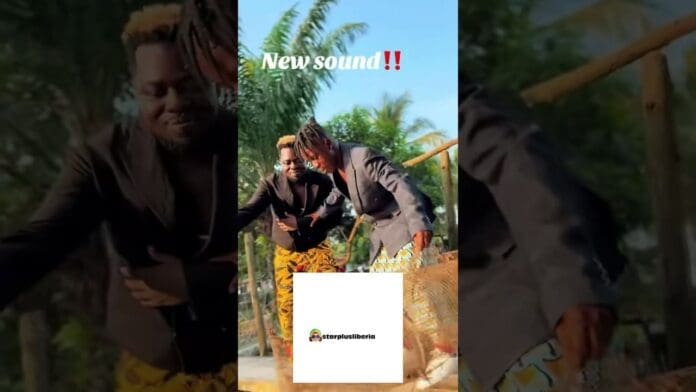 Two men dance outdoors near a wooden fence with palm trees in the background. Text at the top reads "New sound!!" and a logo appears at the bottom center, highlighting Brickson and Jb the General’s Liberian music 2025 vibe.