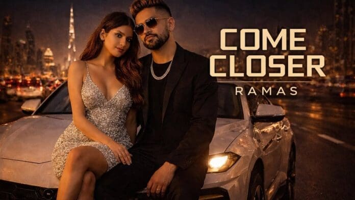 A woman in a sparkly dress and a man in dark clothing sit on a white car at night with a city skyline and "COME CLOSER RAMAS" text in the background, capturing the vibe of a Romantic Song.