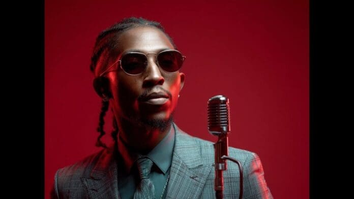A man in a plaid suit, tie, and sunglasses stands in front of a vintage microphone against a red background, channeling the iconic style of Yo Maps and Iyanya.