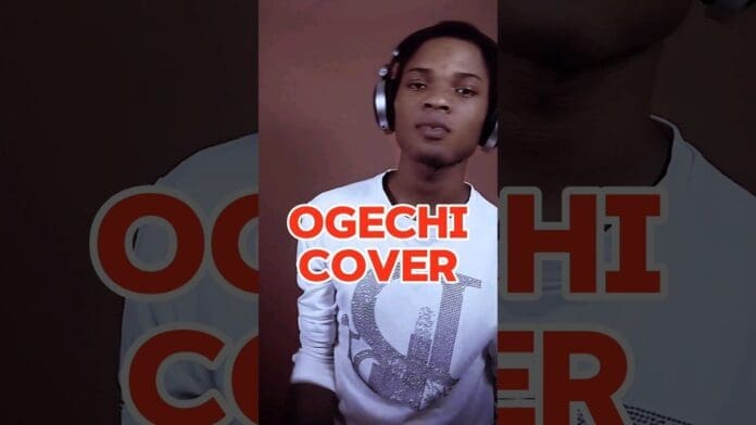 A person wearing headphones and a white shirt stands against a plain background with the text "OGECHI COVER" in bold red font, highlighting their passion for AfroMusic.