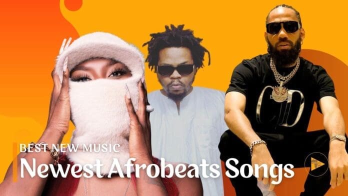 Three people pose in front of an orange background with "Best New Music Newest Afrobeats Songs" text. The person on the left, in white fur, covers their face. Discover top Afrobeats hits and new Afrobeats songs featured in this vibrant scene.