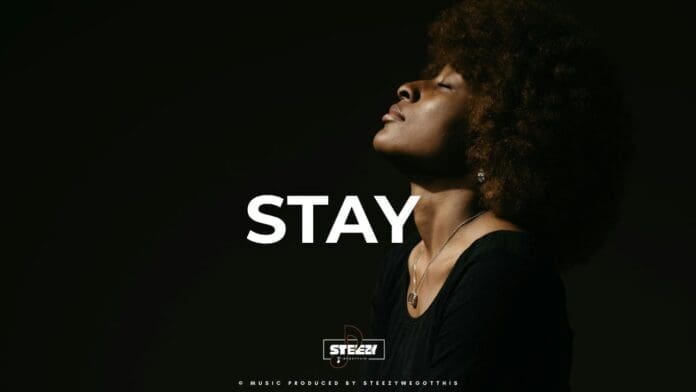 A woman with curly hair tilts her head back with eyes closed against a dark background. The word "STAY" appears in bold white letters across the center, evoking the soulful vibe of a Romantic Instrumental.