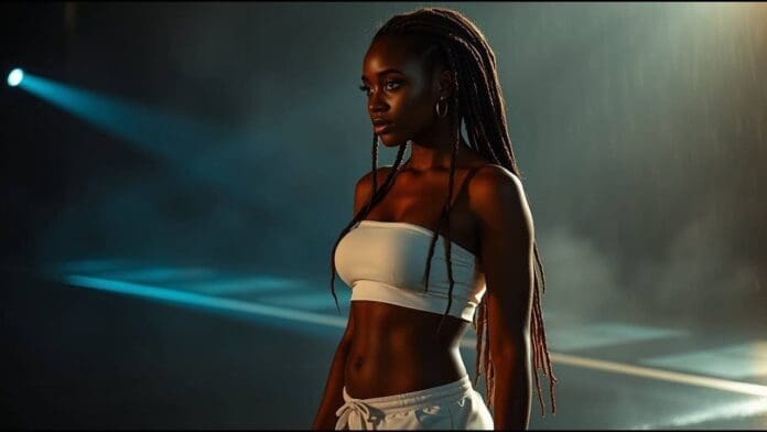 A woman with long braided hair stands in a dimly lit space, wearing a white tube top and shorts, her figure highlighted by dramatic lighting—capturing the vibrant energy of Afrobeats.