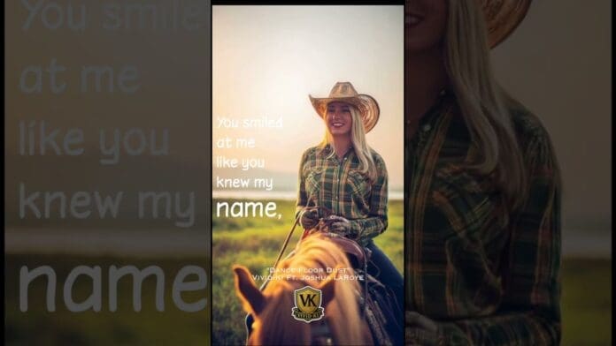 A woman in a plaid shirt and cowboy hat smiles while sitting on a horse, with text overlay that reads: "You smiled at me like you knew my name." There's a hint of Dance Floor Dust in this countrymusic moment.