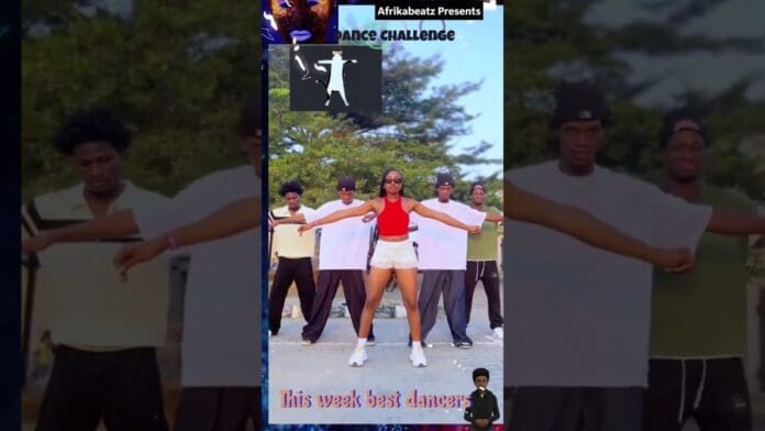 A group of six people, with a woman in a red top and white shorts in front, performing a synchronized dance outdoors. Text reads, "This week best dancers." Join the SJEPA Amapiano 2026 dance challenge!.