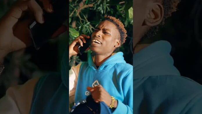 A person wearing a blue hoodie talks on a cellphone outdoors at night, with greenery in the background, softly humming gusii music by jimnizzo.