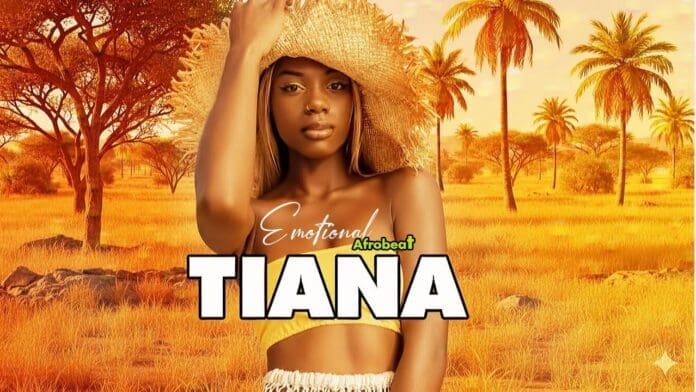 A woman in a yellow outfit and straw hat stands in a grassy, palm-filled savanna landscape with the text "Emotional Afrobeat TIANA – Free for Profit Afrobeat Type Beat" overlaid.