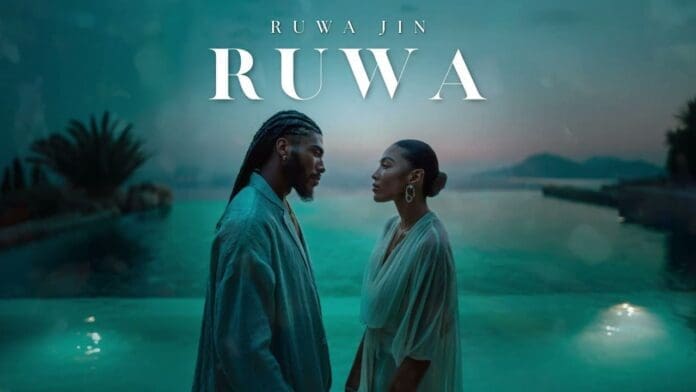 A man and woman stand facing each other by a pool at dusk, with mountains and water in the background. The text overlay reads "RUWA JIN RUWA," reflecting the tranquil connection between them and the serene waters of Ruwa.