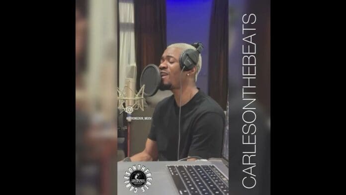 A man with blond hair sings into a studio microphone while wearing headphones. A laptop is visible in the foreground. Text reads "CARLESONTHEBEATS." He records new music, hoping for a viral video like Gaz Mawete's hits.