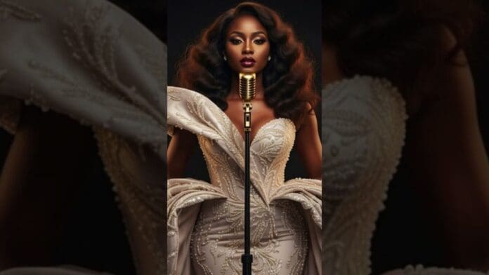 A woman in an ornate, pearl-embellished gown stands before a vintage gold microphone, ready to share inspiring music against a dark background.