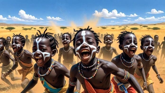 A group of children with face paint and beaded necklaces run and laugh across a dry, grassy plain under a blue sky with scattered clouds, their joy echoing the lively rhythms of Afro-House and Amapiano—setting the scene for a Hit 2025.