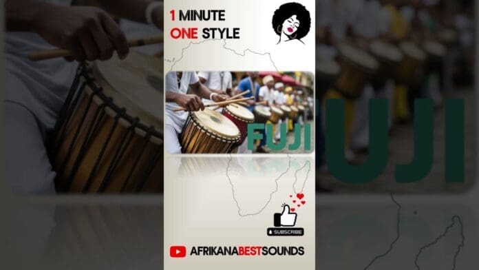 A group of people play hand drums; text reads "1 Minute One Style," "Fuji drumming," and "Afrikana Best Sounds" with a map of Africa, subscribe icons, and quick drumming tips.