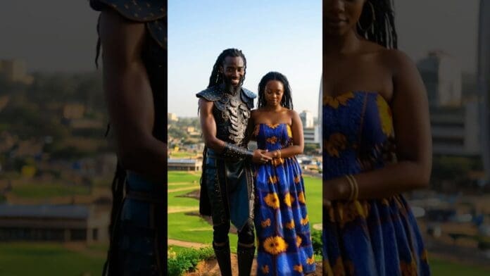 A man in black armor stands beside a woman in a blue floral dress, holding hands outdoors with a cityscape in the background, as vibrant AFROBEAT rhythms and free music fill the air.