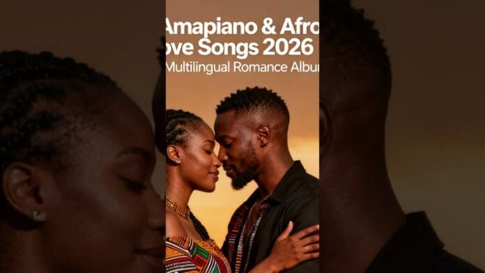 A couple stands close together, touching foreheads and smiling, with text above them promoting "Amapiano & Afro LoveSongs 2026 Multilingual Romance Album.
