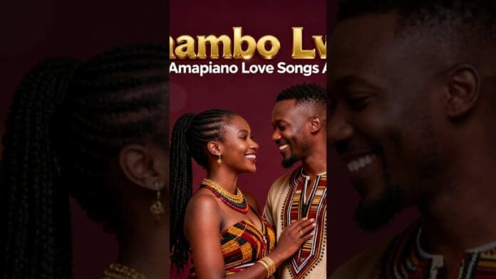 A smiling couple dressed in matching African print outfits shares a romantic gaze against a maroon background, with partial gold text at the top—capturing the vibe of romance inspired by love songs.
