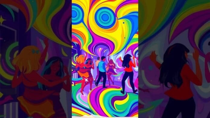 People dancing in a club with vibrant, swirling neon patterns and colors in the background, moving to energetic Afrobeat rhythms.