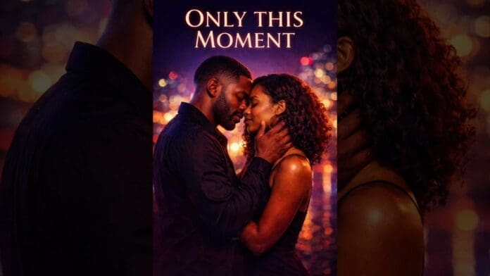 A man and woman stand close, gazing into each other's eyes, with city lights blurred in the background. The text "Only This Moment" appears at the top—perfect for a Romantic Afrobeat love song cover.