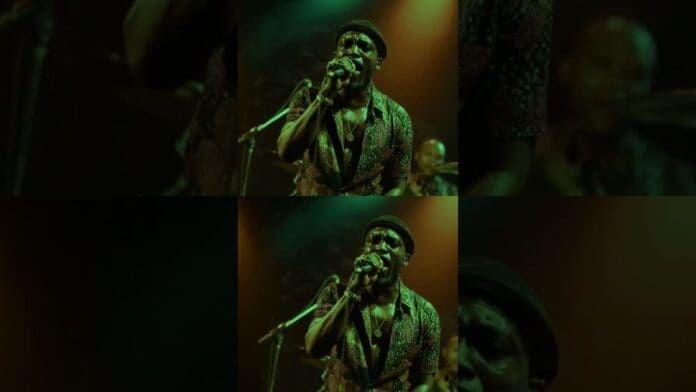 A man wearing a hat and patterned shirt sings into a microphone on stage under green lighting, performing Afrobeat at Come and Take It.