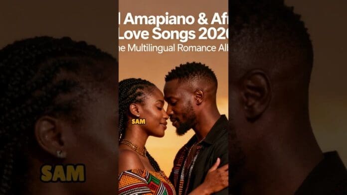 A couple with braided hair and patterned clothing stand close, touching foreheads and smiling against a gradient brown background. Text overlays promote a multilingual romance album celebrating the Power of Unity.