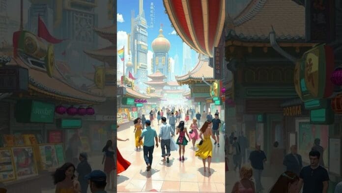 A busy pedestrian street in a futuristic city with traditional Chinese architecture, colorful signs, and crowds of people walking in sunlight. Skyscrapers rise in the background, while the lively atmosphere pulses with Afrobeat rhythms.