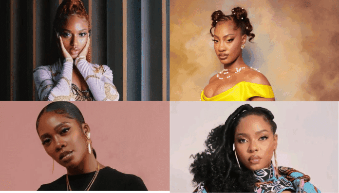 A collage of four Nigerian female artistes posing individually against different backgrounds, each looking directly at the camera—showcasing the talent loved abroad, as featured in Businessday NG.