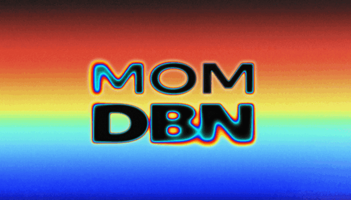 The image displays the words "MOM DBN" in bold black letters against a gradient background transitioning from red to yellow to blue, reflecting the City’s Sound and vibrant culture.