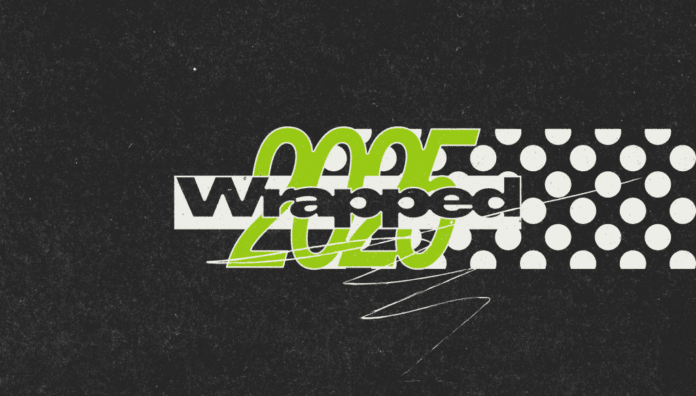 Text graphic with the words "Wrapped 2025" in bold fonts, featuring green numbers, a black-and-white polka dot pattern, and a textured dark background—perfect for highlighting Spotify’s Music Trends 2025.