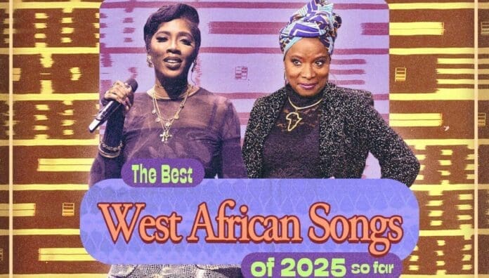 Two women stand in front of a patterned backdrop with text: "The Best West African Songs of 2025 so far." One holds a microphone; both wear distinctive clothing, capturing the vibrant energy of OkayAfrica's musical highlights.