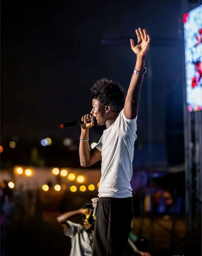A person in a white shirt holds a microphone and raises one arm while performing on stage at night, as blurred lights glow in the background—capturing a moment reminiscent of Mr. Wotowoto's vibrant shows featured on GhanaWeb.