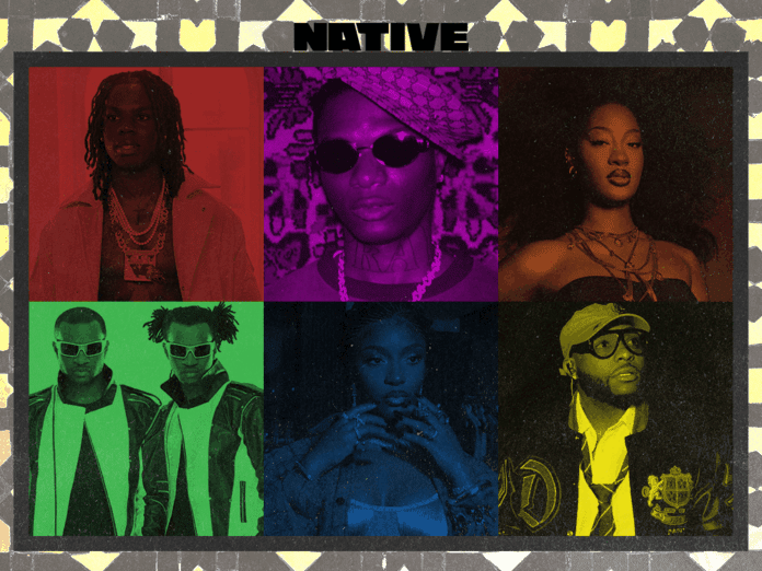 A collage of six musicians, each in a different colored filter—red, purple, blue, green, teal, and yellow—appears under a "NATIVE" banner with a patterned border, celebrating Afropop with NativeMag flair.