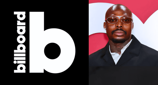 A person with glasses and a dark jacket stands in front of a red and white backdrop next to the Billboard logo, highlighting the Billboard Afrobeats Chart.