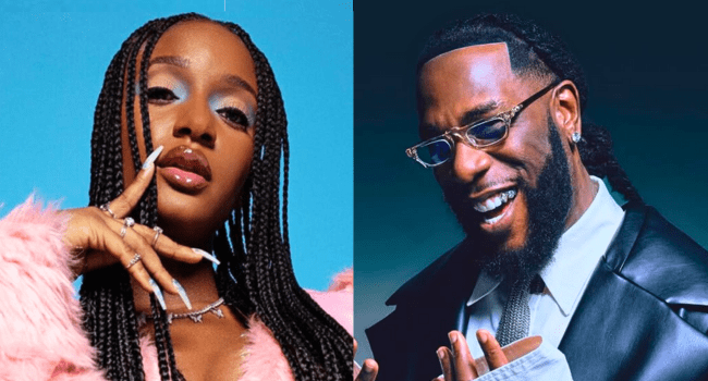 A woman with braided hair and a pink fur coat poses beside a man wearing sunglasses and a suit, both set against blue backgrounds, celebrating Grammy Africa and the spirit of Nigeria's Grammy nominations.