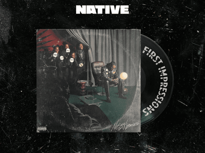 Album cover for NativeMag featuring a group of people in a dimly lit room with a green carpet, "FIRST IMPRESSIONS" printed on a vinyl record partially visible beside them, evoking the cool vibes of Burna Boy.