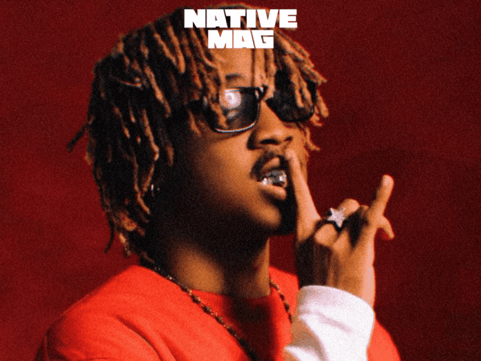 A person with blond-tipped dreadlocks, sunglasses, and jewelry poses against a red background with the text "NativeMag" above, blending MYTH-ERA style into an iconic look.