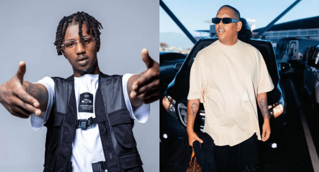 Two men pose separately, capturing a sense of brotherhood; one in a black vest and glasses with arms extended, the other—evoking Da L.E.S style—in a beige shirt and sunglasses, standing confidently in front of a car.