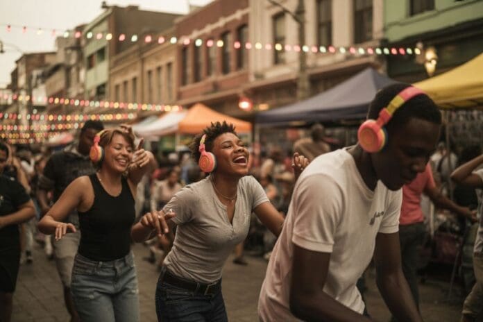 A group of people wearing headphones dance together on a city street during a festival, grooving to Songs Of The Summer 2025 hits under colorful lights and tents, making memories perfect for TikTok.