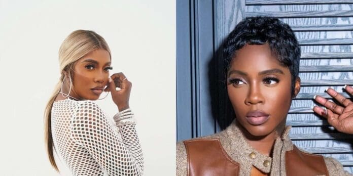 Side-by-side images of a woman with two different hairstyles: long blonde hair in a white mesh outfit, and short black hair in a brown jacket, channeling the bold style of music icon Tiwa Savage.
