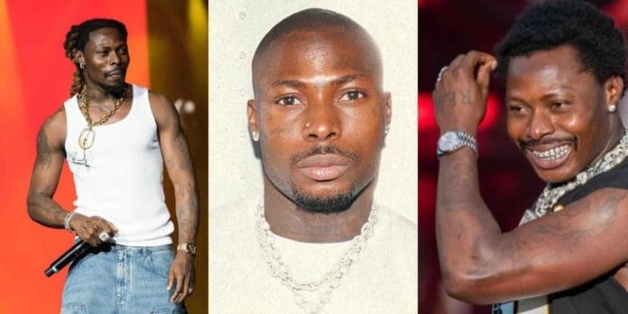 Three images of a clean-shaven man: performing on stage in a white tank top, posing for a studio portrait, and smiling while holding a microphone.