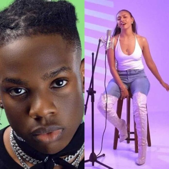 A collage of a woman and a boy, inspired by AFRIMA, celebrates musical talents like Wizkid and Rema.