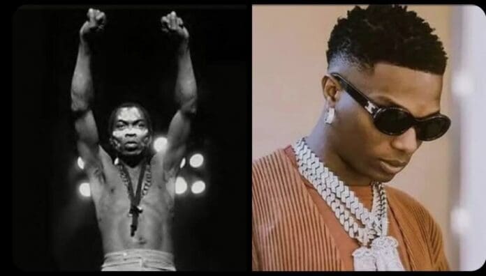 A black-and-white photo of a man raising his fists is shown on the left; on the right, Wizkid, wearing sunglasses and layered chains, looks downward—bridging Fela’s legacy with today’s music empire.