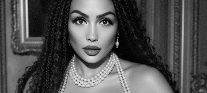 A woman with long curly hair, exuding R&B elegance, wears a multi-strand pearl necklace and earrings, looking directly at the camera in a timeless black and white setting.