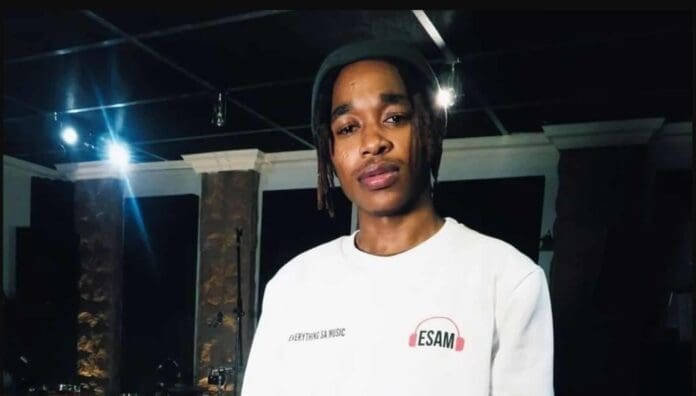 A person wearing a white sweatshirt and a hat stands indoors under ceiling lights, with a stone pillar and musical equipment—suggesting an AI amapiano session or feature—visible in the background.