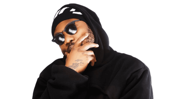 Person wearing a black hoodie, beanie, and sunglasses with hand covering part of their face against a plain white background—a mysterious vibe reminiscent of Nasty C.