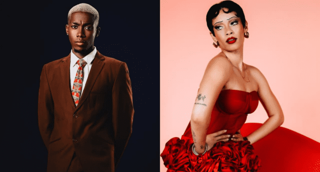 A man in a brown suit and floral tie stands against a dark background; next to him, Mikhalé Jones, known for her R&B single "Roiii Eyes," poses in a red strapless dress against a pink backdrop.