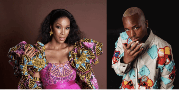 A woman in a colorful, patterned dress with ruffled sleeves stands next to a man in a patterned shirt, posing against plain backgrounds—capturing the vibrant spirit of Afro-Pop icons like Mafikizolo and Ciza.